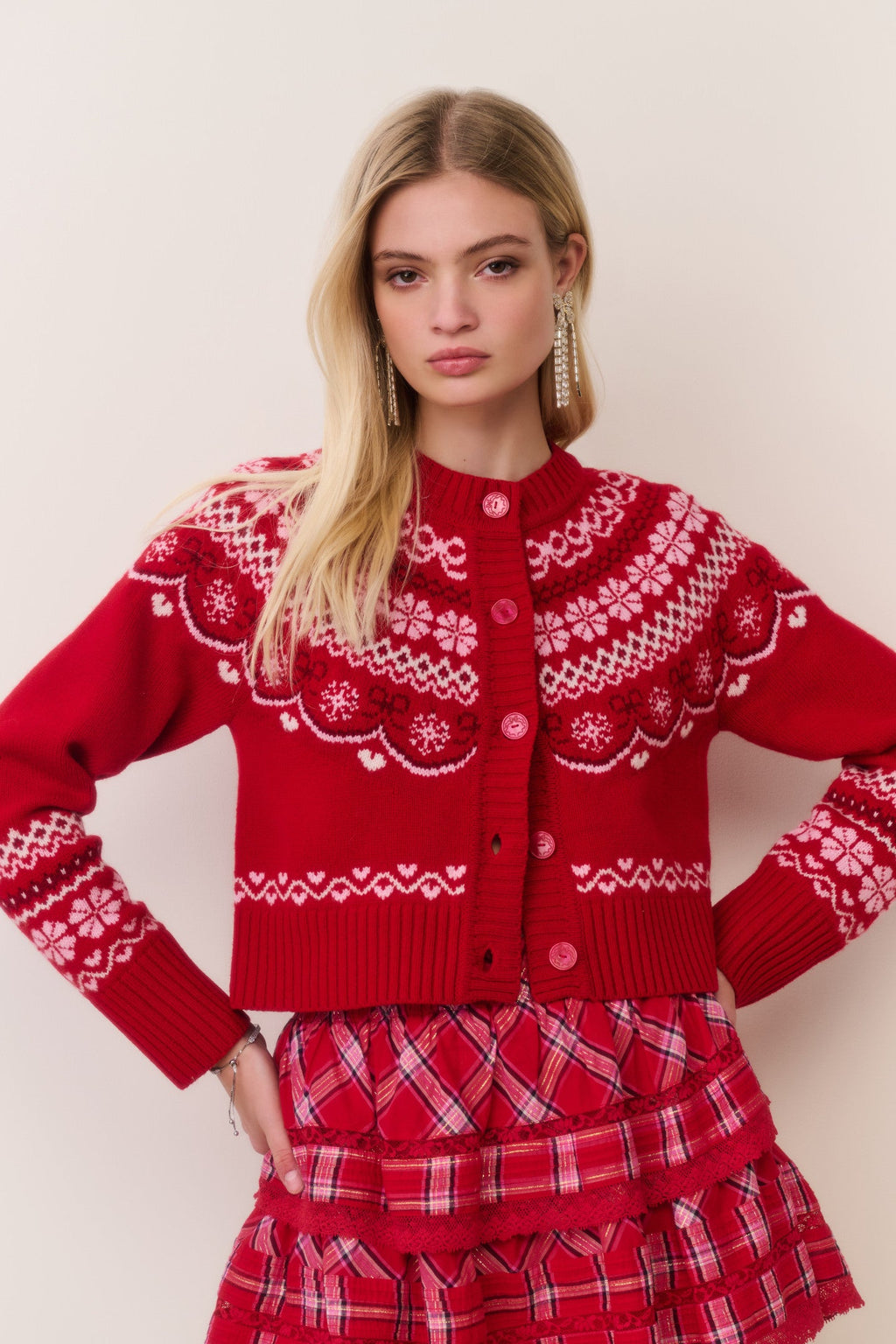 Shantae Wool Fair Isle Cardigan - RED VELVET TRUFFLE