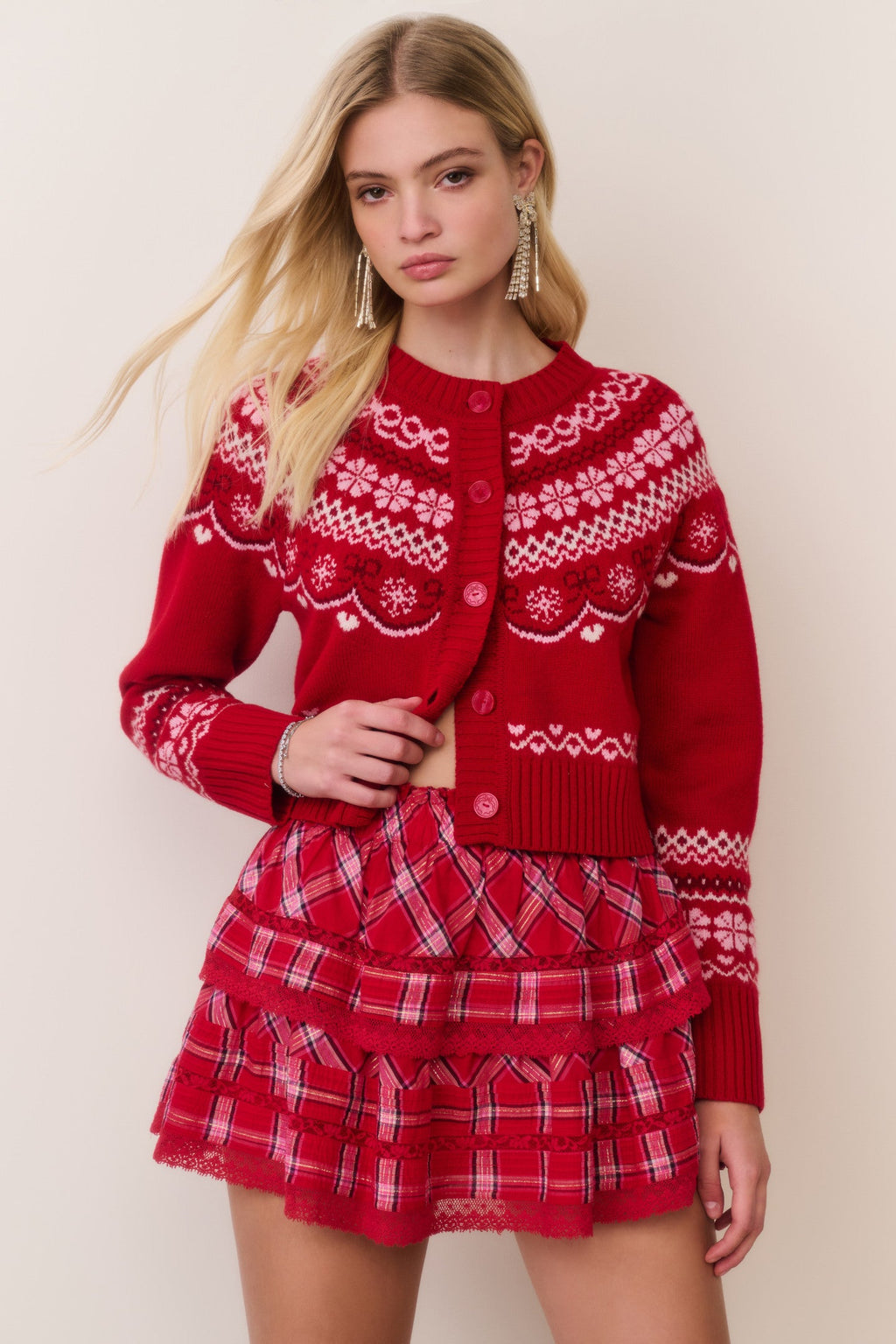 Shantae Wool Fair Isle Cardigan - RED VELVET TRUFFLE