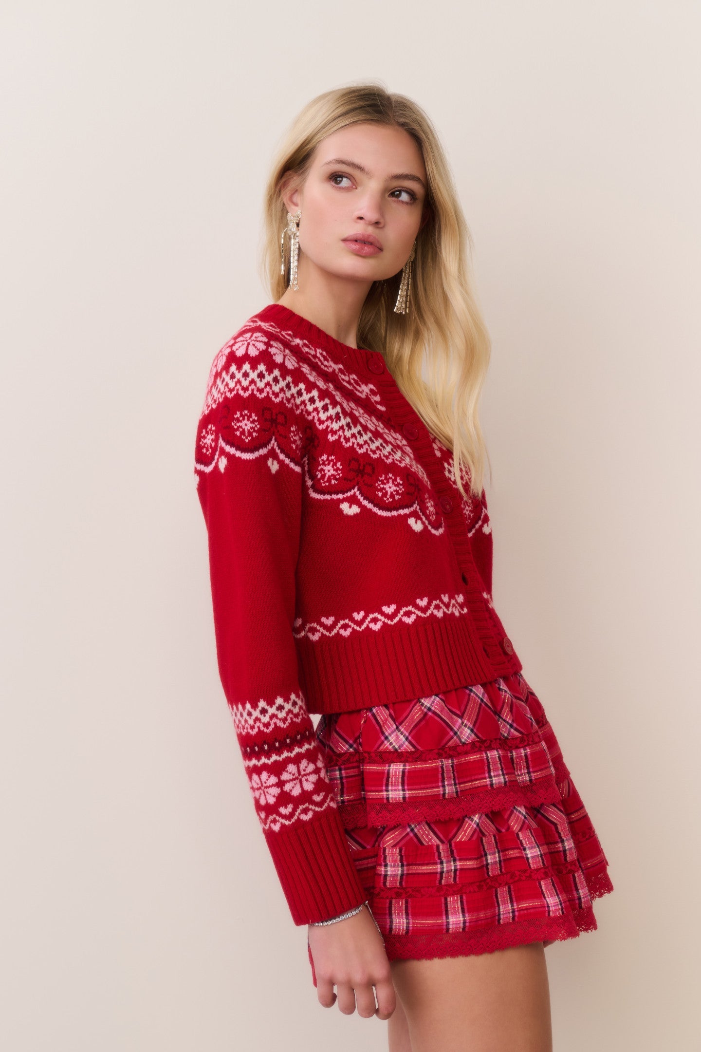Shantae Wool Fair Isle Cardigan - RED VELVET TRUFFLE